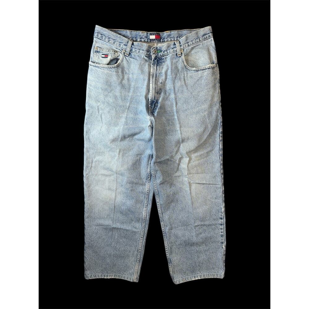 Vintage 90s Tommy Hilfiger Blue Jeans Mens Baggy 34 x 30 Flag Logo Spellout
